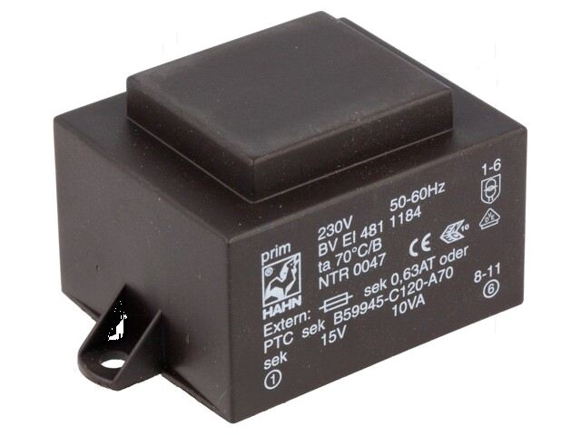 Transformator: ingegoten; 10VA; 230VAC; 15V; 667mA; PCB; BVEI Transformator: ingegoten; 10VA; 230VAC; 15V; 667mA; PCB; BVEI